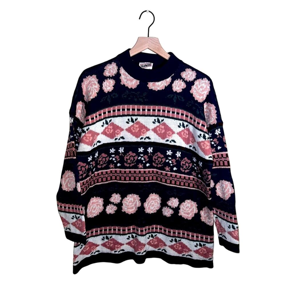 VNTG MATTHIAS cottagecore grandma knit oversize acrylic floral pattern sweater L